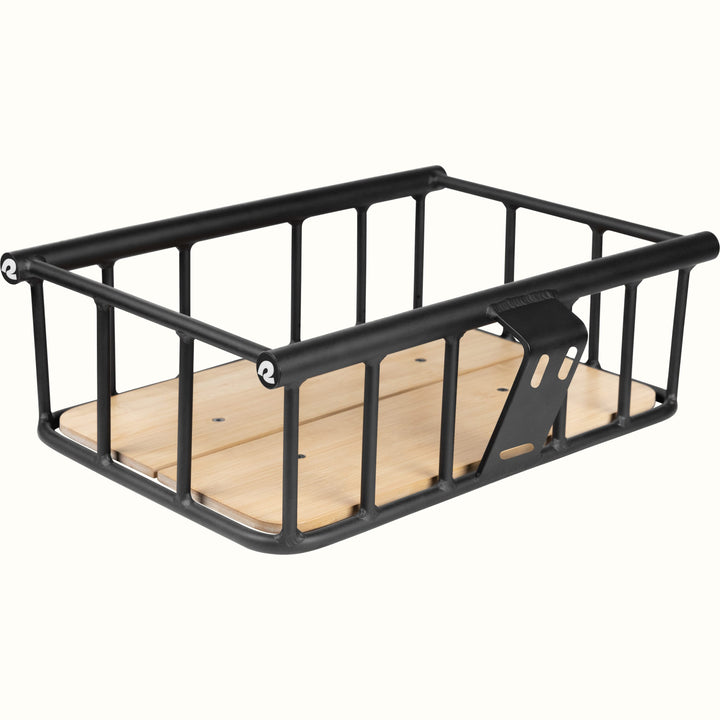 Black metal e-bike basket with wooden base on a white background.