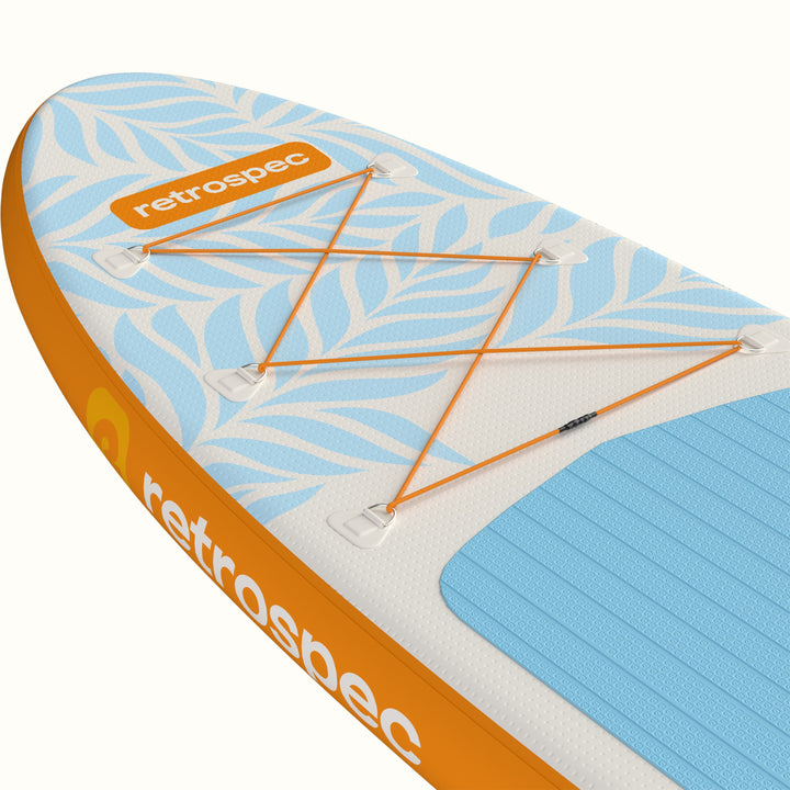 A closeup of the nose of the Weekender Inflatable Paddle Board with a 6 point bungee for storage and a 'retrospec' logo.