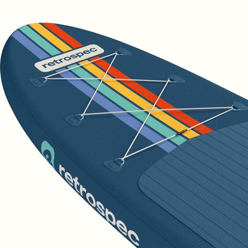 A closeup of the nose of the Weekender Inflatable Paddle Board with a 6 point bungee for storage and a 'retrospec' logo.