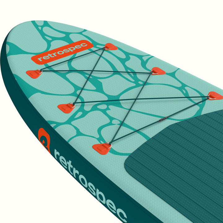 A closeup of the nose of the Weekender Inflatable Paddle Board with a 6 point bungee for storage and a 'retrospec' logo.