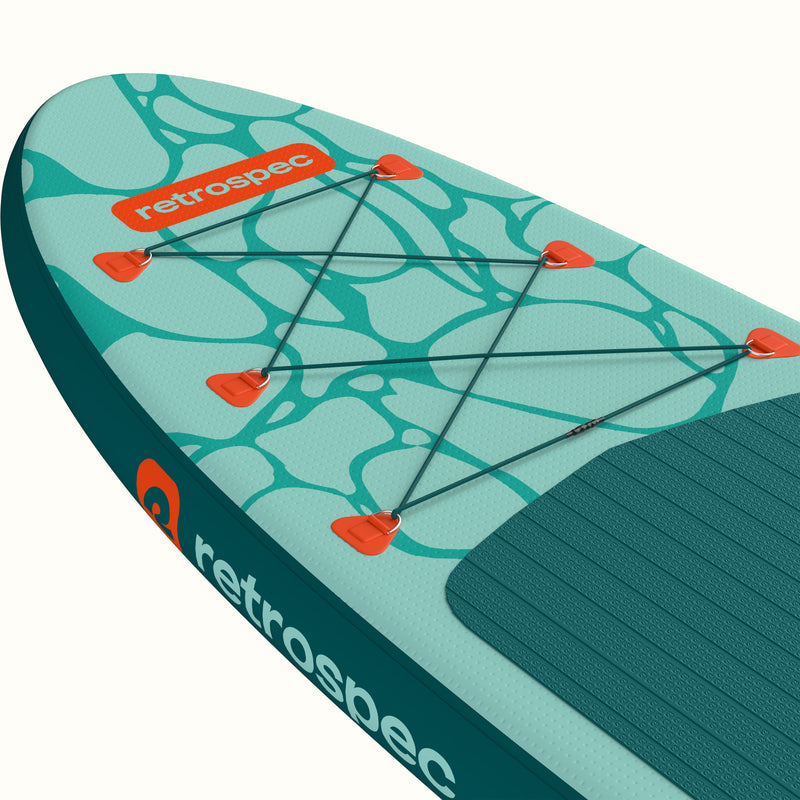 A closeup of the nose of the Weekender Inflatable Paddle Board with a 6 point bungee for storage and a 'retrospec' logo.