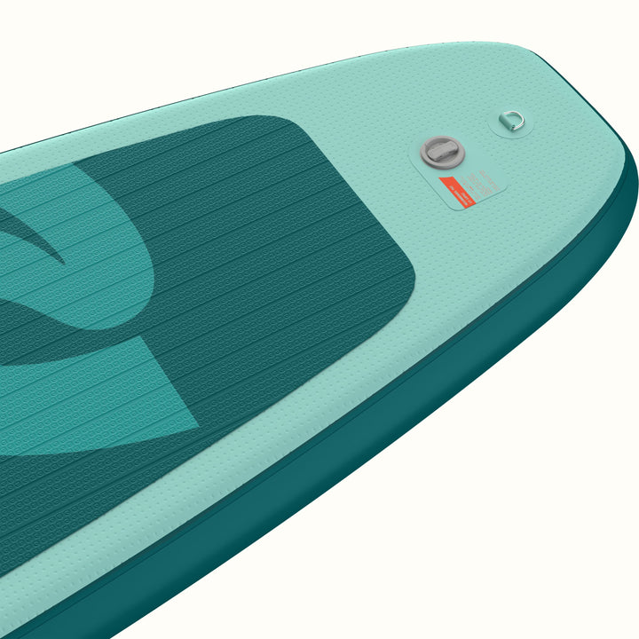 A closeup of the tail of the Weekender Inflatable Stand Up Paddle Board.