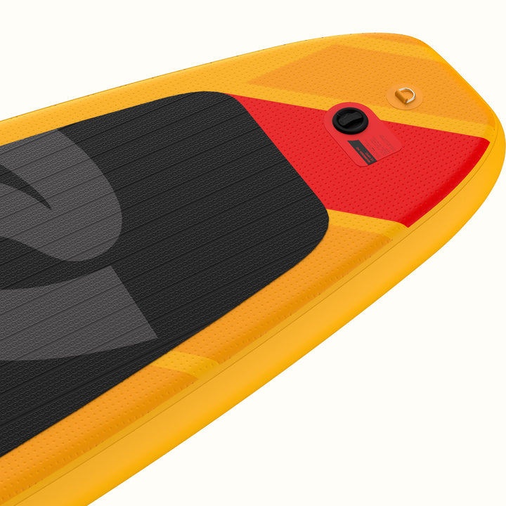 A closeup of the tail of the Weekender Inflatable Stand Up Paddle Board.