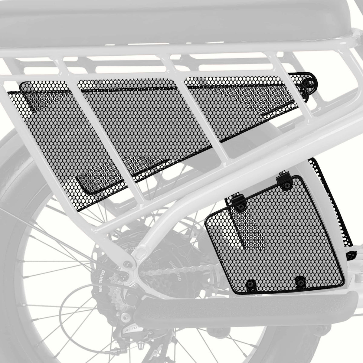 Black mesh wheel guards mounted on the Roo Rev XL Cargo EBike, shown against a light gray background.