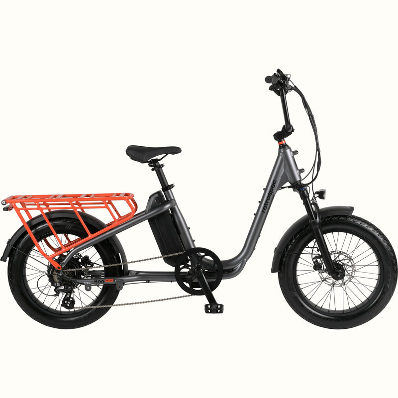 Gray Roo Rev XL electric cargo bike with an orange rear rack on a white background.