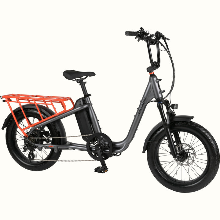 Gray Roo Rev XL electric cargo bike with an orange rear rack on a white background.