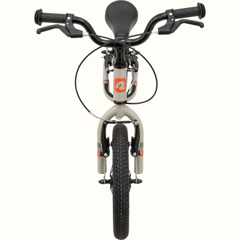 Front view of a gray toddler balance bicycle with black handlebars on a white background.