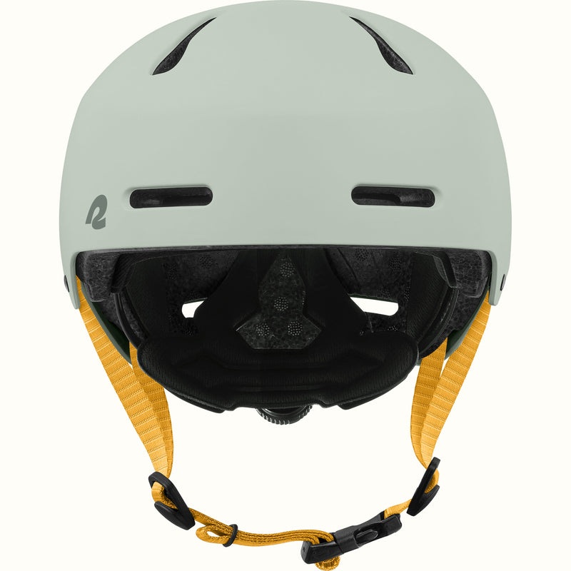 Front view of the retrospec Dakota youth bike helmet with forehead vents, padded liner, and yellow buckle strap.