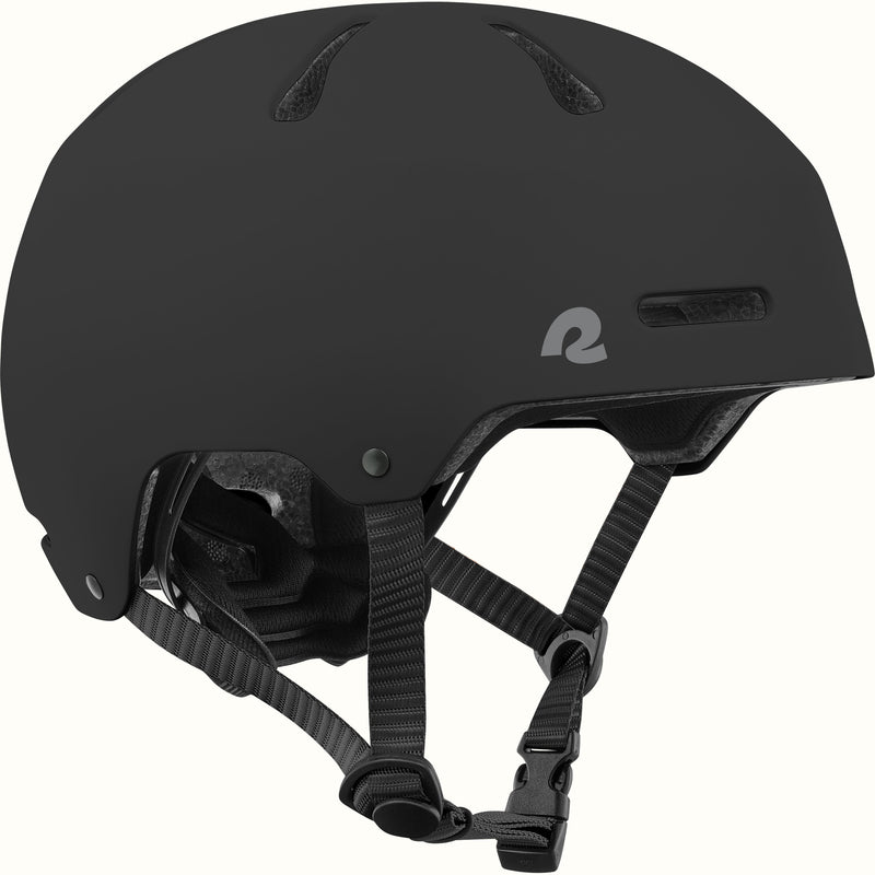 retrospec Dakota kids bike helmet in Matte Black with top vents, a gray logo, and a black adjustable chin strap.