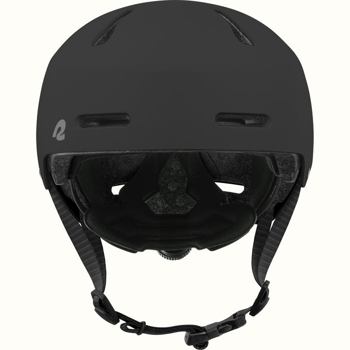 Front view of the retrospec Dakota youth bike helmet in matte black with forehead vents, padded liner, and chin buckle.