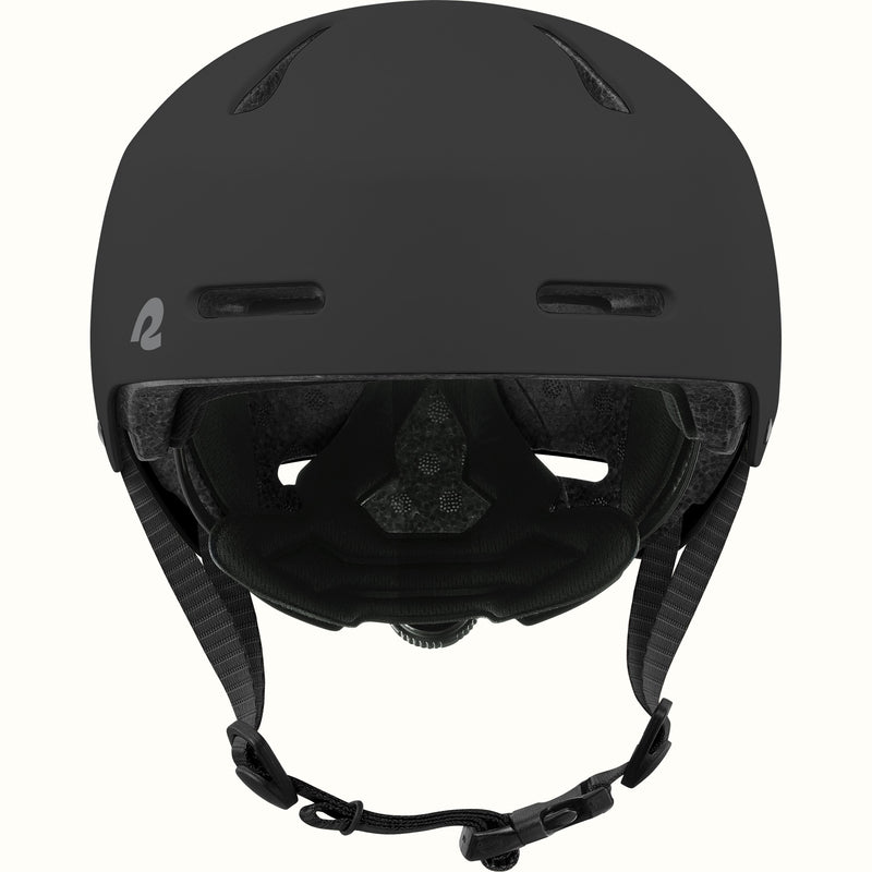 Front view of the retrospec Dakota youth bike helmet in matte black with forehead vents, padded liner, and chin buckle.