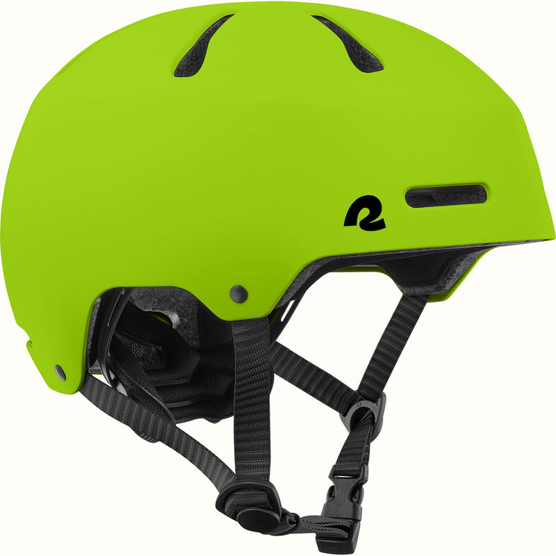 retrospec Dakota kids bike helmet in Matte Chartreuse with top vents, black logo, and a black adjustable chin strap.