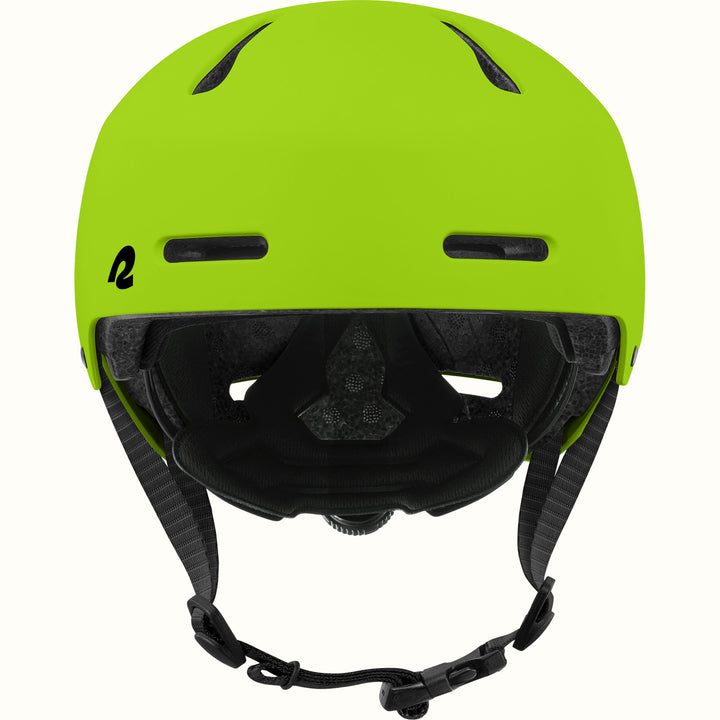 retrospec Dakota youth bike helmet in lime green, front view with two forehead vents, black liner, and chin buckle.