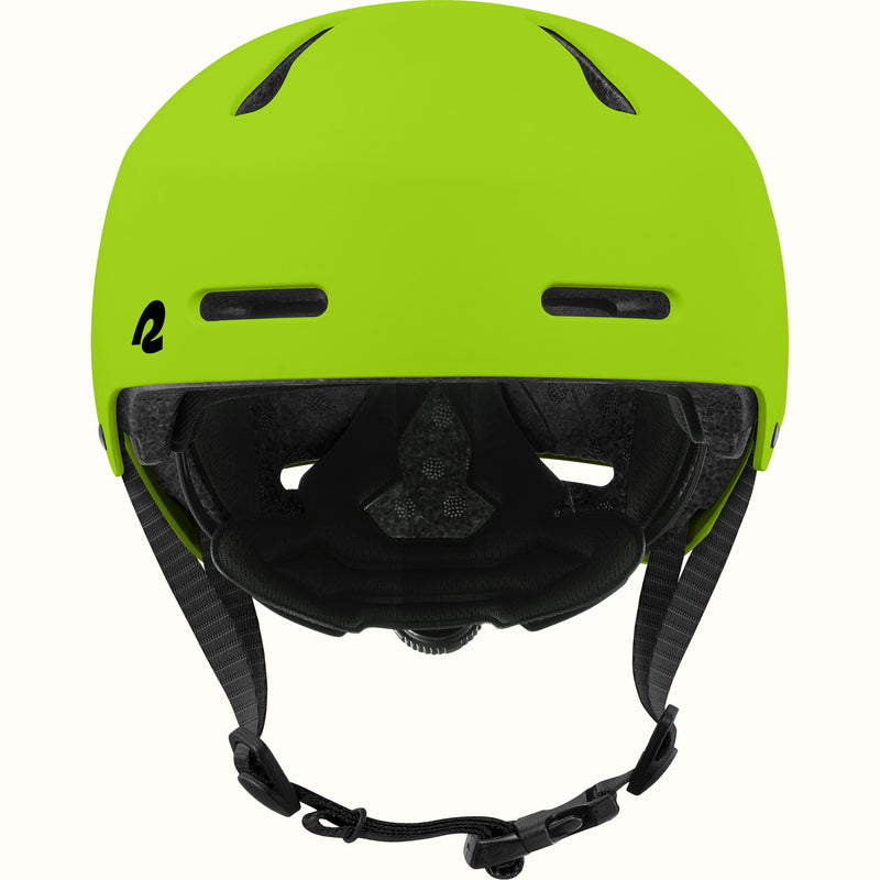 retrospec Dakota youth bike helmet in lime green, front view with two forehead vents, black liner, and chin buckle.