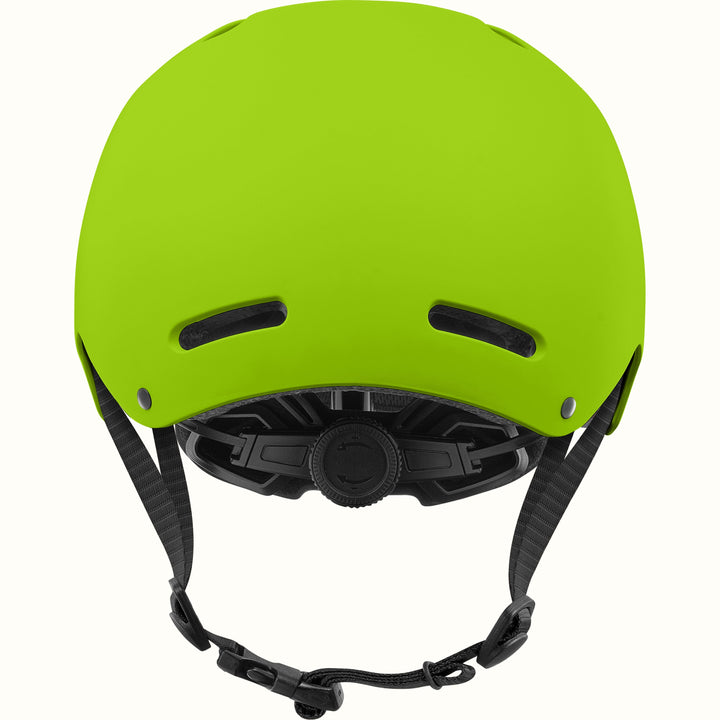 Rear view of the retrospec Dakota kids helmet in bright green with two back vents and a black fit dial.