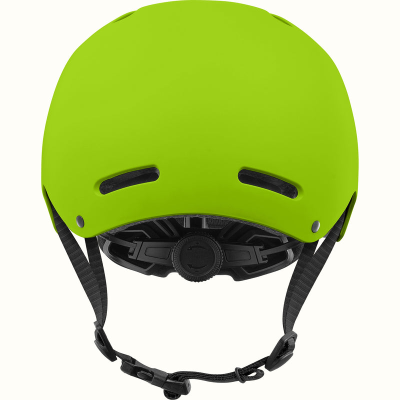 Rear view of the retrospec Dakota kids helmet in bright green with two back vents and a black fit dial.