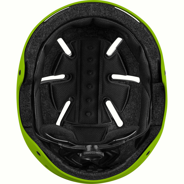 Looking into the retrospec Dakota youth helmet, black foam liner and fit dial framed by a lime green shell.