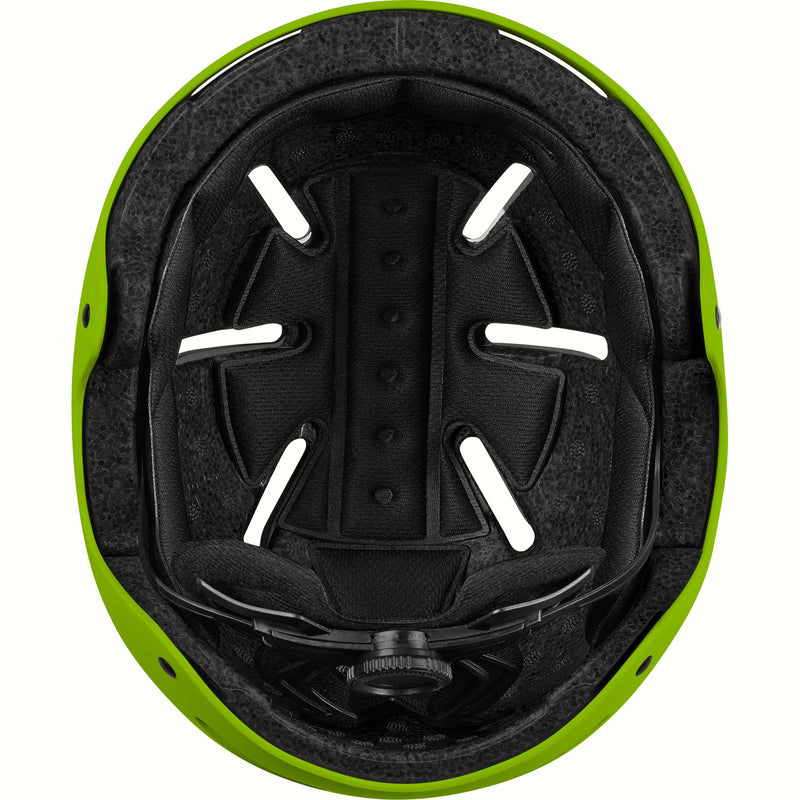 Looking into the retrospec Dakota youth helmet, black foam liner and fit dial framed by a lime green shell.