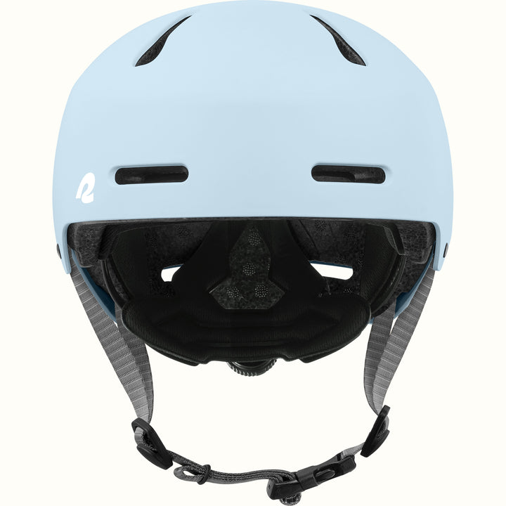 Front view of the retrospec Dakota youth bike helmet in light blue with forehead vents, padded liner, and chin buckle.