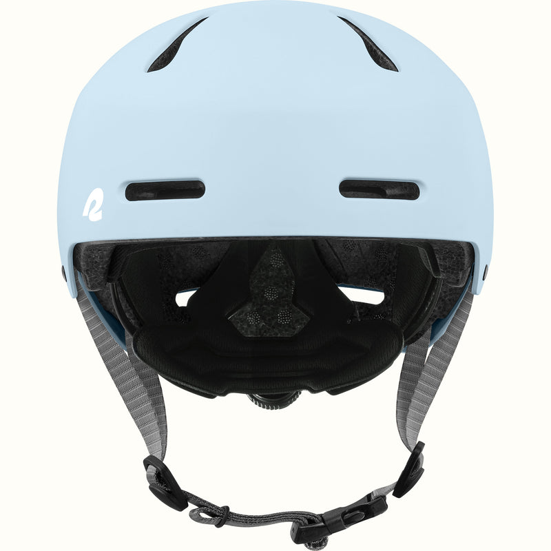 Front view of the retrospec Dakota youth bike helmet in light blue with forehead vents, padded liner, and chin buckle.