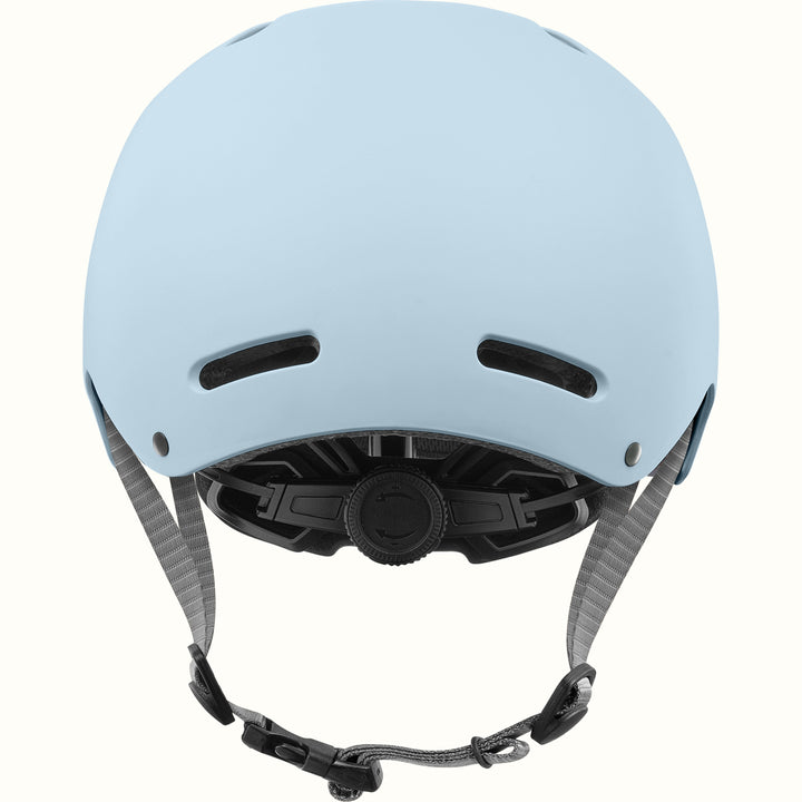 Rear view of the retrospec Dakota blue bike helmet with gray chin straps, side buckle, and dial fit system.