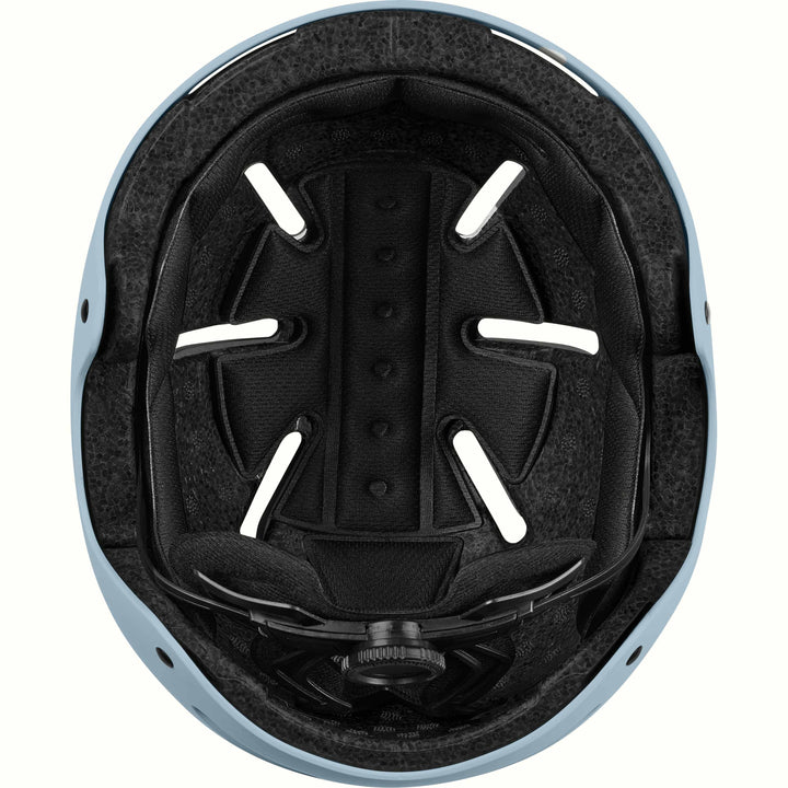 Back of the retrospec Dakota kids helmet in matte light blue showing rear vents and a black dial fit adjuster.