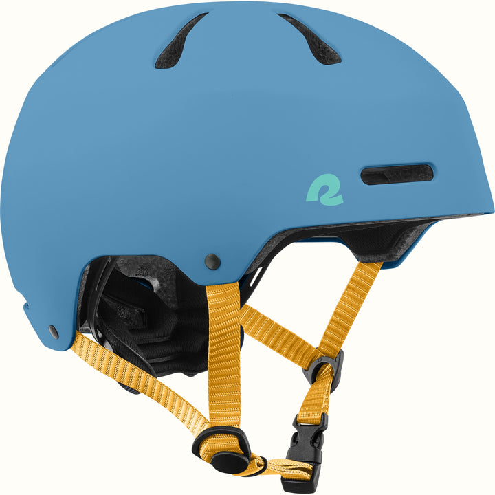 retrospec Dakota kids bike helmet in Matte Daybreak Blue with top vents, a mint logo, and yellow adjustable chin straps.