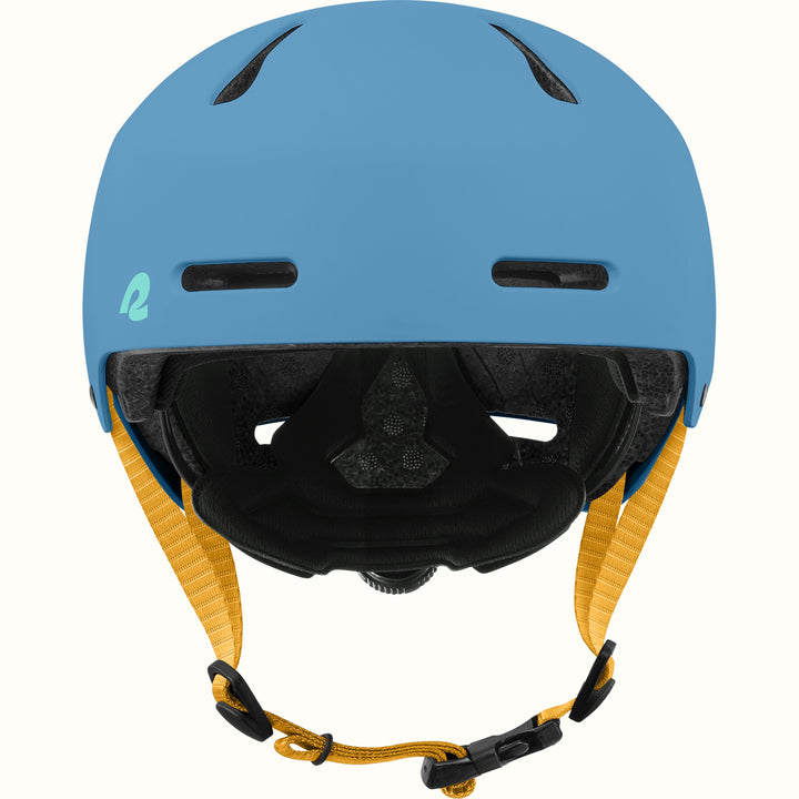 retrospec Dakota youth bike helmet in medium blue, front view with two forehead vents, mint logo, and yellow chin straps.