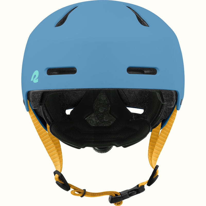 retrospec Dakota youth bike helmet in medium blue, front view with two forehead vents, mint logo, and yellow chin straps.