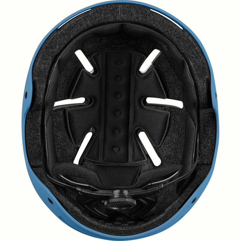 Interior of the retrospec Dakota youth helmet showing a black padded liner, vent channels, and fit dial in a blue shell.