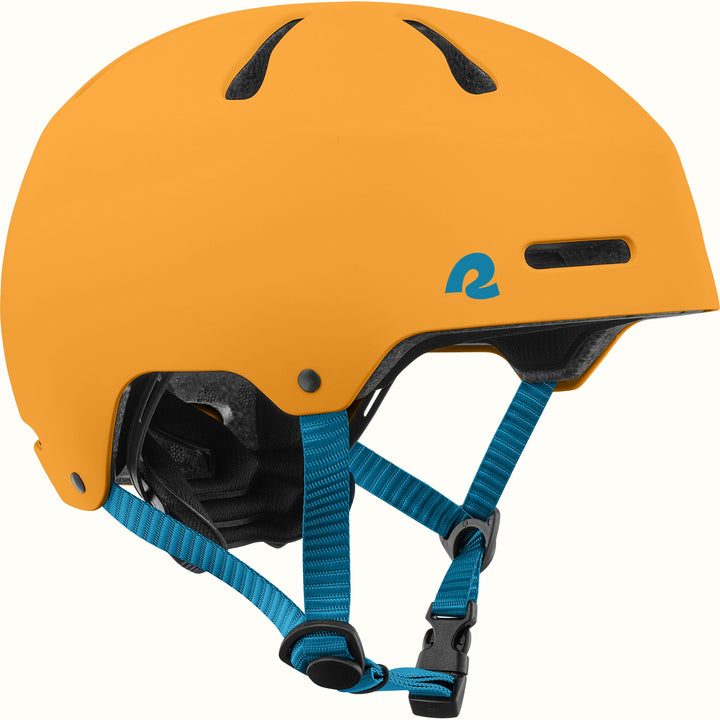 retrospec Dakota kids bike helmet in Matte Desert Sun with top vents, a teal logo, and teal adjustable chin straps.
