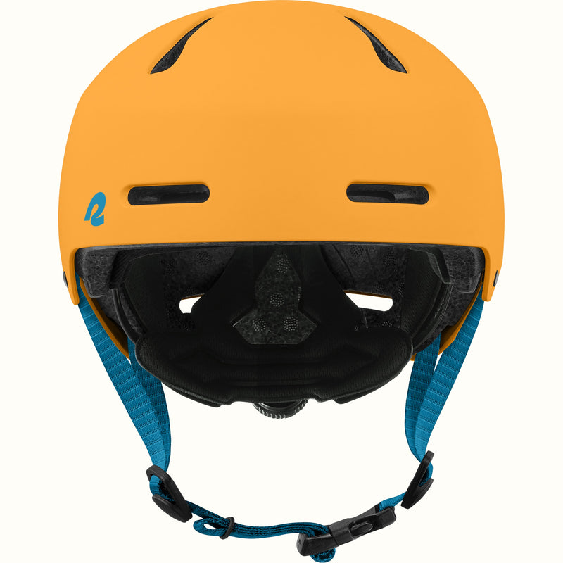 retrospec Dakota youth bike helmet in orange, front view with two forehead vents, teal logo, and teal chin straps.