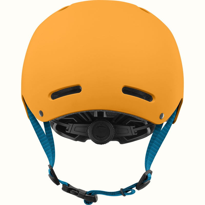 Rear view of the retrospec Dakota kids helmet in golden orange with two back vents, teal straps, and a black fit dial.