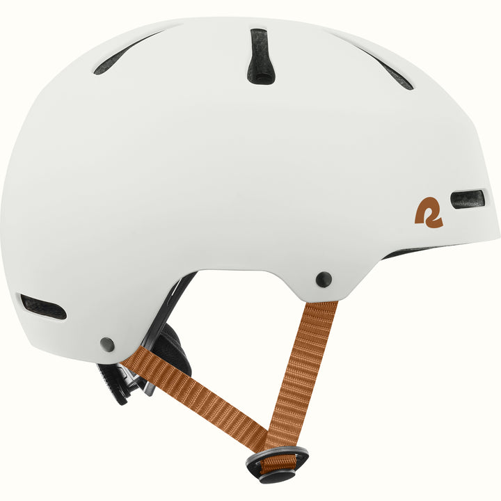 A white bicycle helmet with a brown adjustable chin strap and a small brown logo on the side, shown against a plain white background.