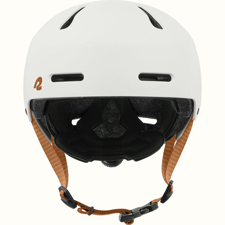 A white bike helmet with black vents, a black interior padding, and brown adjustable chin straps, shown from a front-facing angle on a white background.