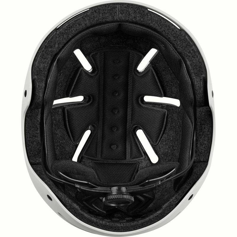 Interior of the retrospec Dakota youth helmet with a black padded liner, vent channels, and fit dial inside an off-white shell.