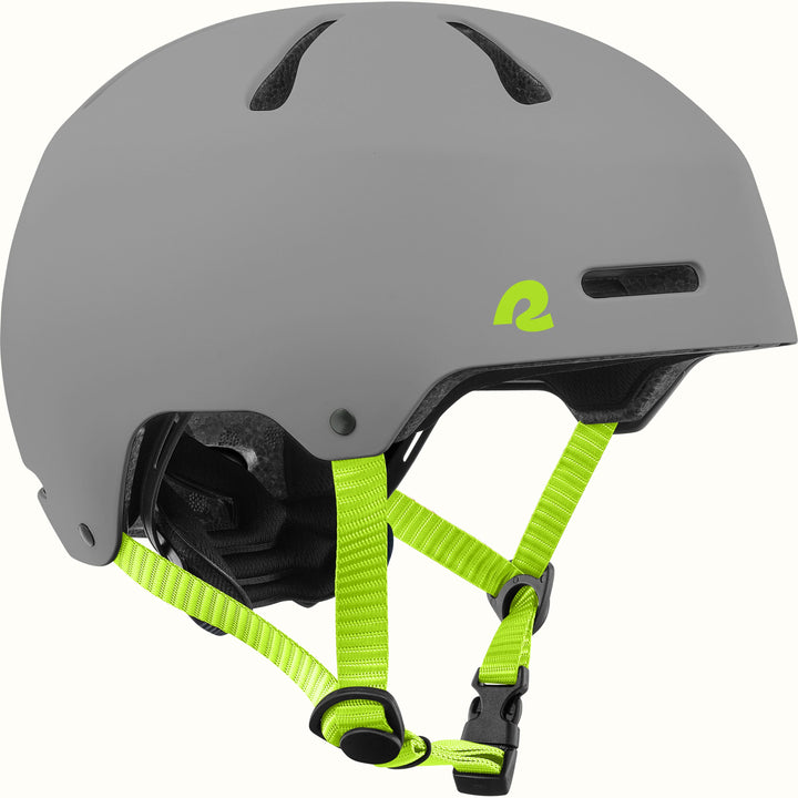 retrospec Dakota kids bike helmet in Matte Fossil Gray with top vents, a lime green logo, and lime adjustable chin straps.