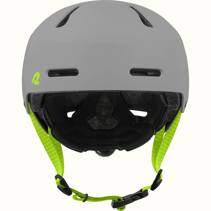 retrospec Dakota youth bike helmet in gray, front view with two forehead vents, lime green logo, and lime chin straps.
