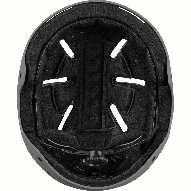 Interior of the retrospec Dakota youth helmet showing a black padded liner, vent channels, and fit dial in a gray shell.