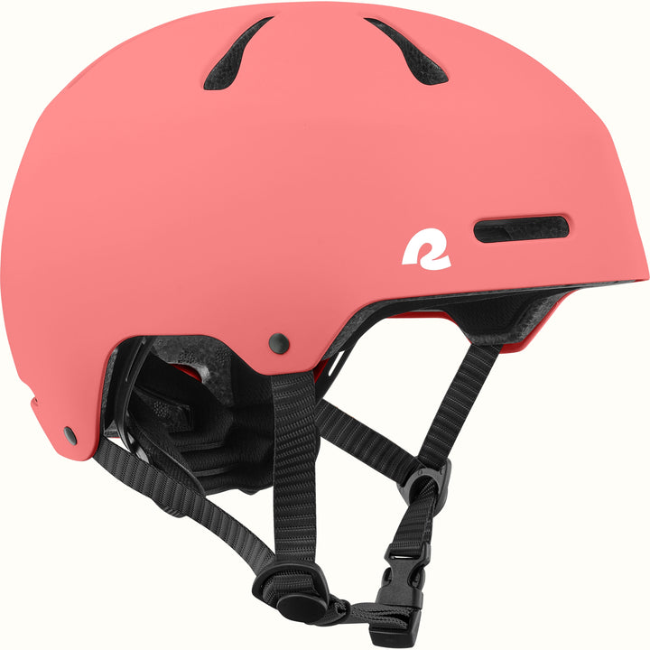 retrospec Dakota kids bike helmet in Matte Hibiscus with top vents, a white logo, and a black adjustable chin strap.