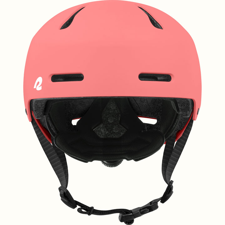 retrospec Dakota youth bike helmet in coral pink, front view with two forehead vents, black liner, and chin buckle.
