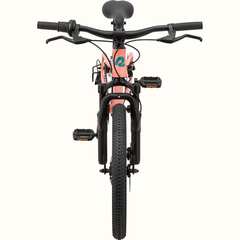 A front view of the Dart Plus 20" Kids' Bike in Fairy Floss Pink color with blue-gray branded "r" logo on the stem, and thick black front tire isolated on a white background.