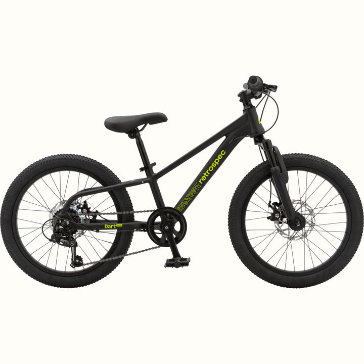 Profile view of the Dart Plus 20" Kids' in Matte Black Mamba color with neon green branded "retrospec" and "Dart Plus" logos on the frame and thick tires isolated on a white background.