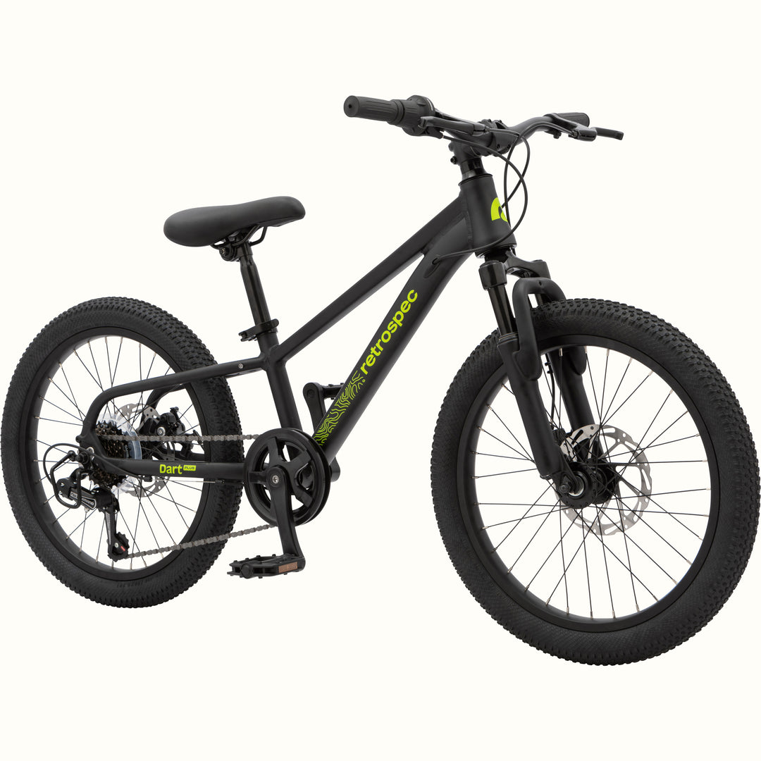 The Dart Plus 20" Kids' Bike in Matte Black Mamba color with neon green branded "retrospec" and "Dart Plus" logos on the frame and thick tires isolated on a white background.