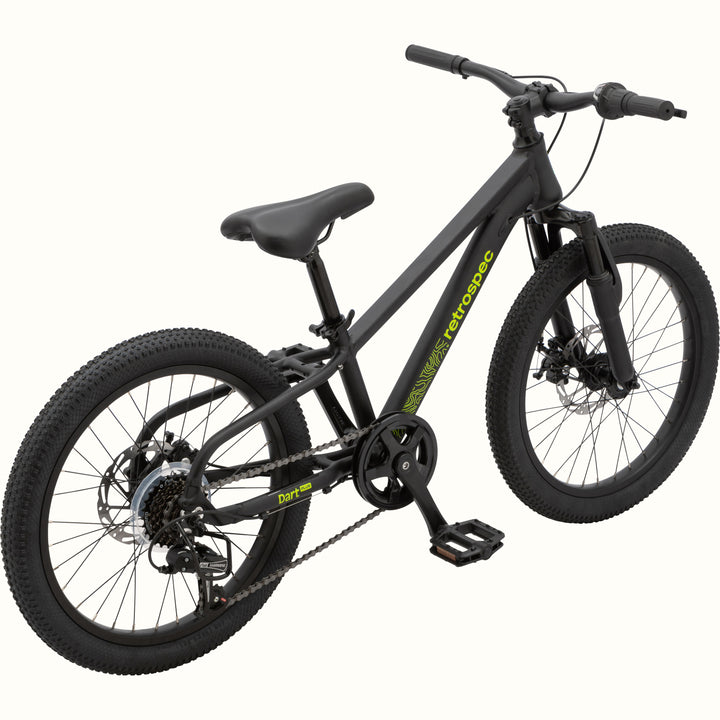 Dart Plus 20" Kids' Bike in Matte Black Mamba color with neon green branded "retrospec" and "Dart Plus" logos on the frame and thick tires isolated on a white background.