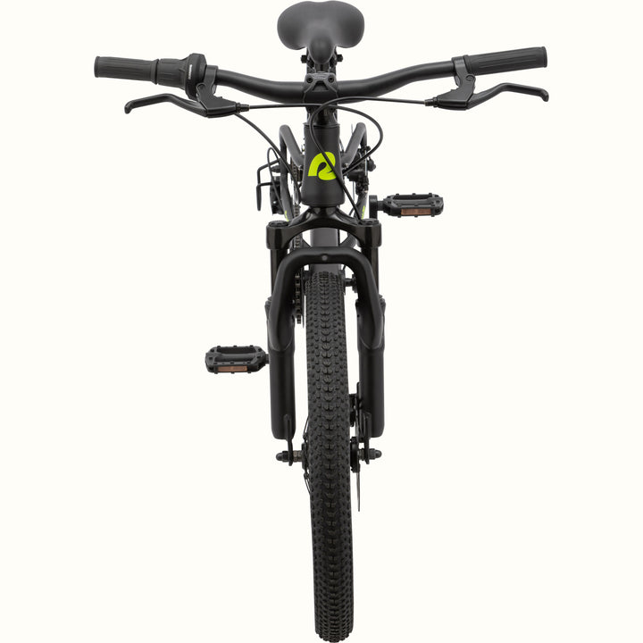 Front view of the Dart Plus 20" Kids' Bike in Matte Black Mamba color with neon green branded "R" logo on the stem and a thick front tire isolated on a white background.