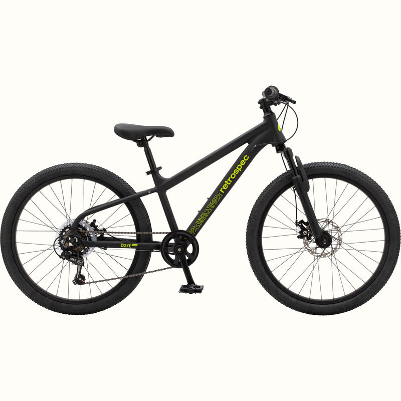 Profile view of the Dart Plus 24" Kids' in Matte Black Mamba color with neon green branded "retrospec" and "Dart Plus" logos on the frame and thick tires isolated on a white background.