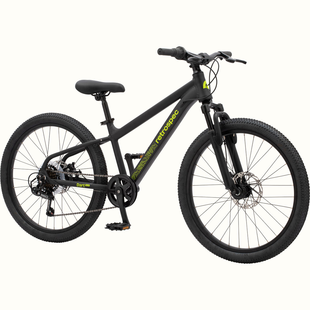 The Dart Plus 24" Kids' Bike in Matte Black Mamba color with neon green branded "retrospec" and "Dart Plus" logos on the frame and thick tires isolated on a white background.