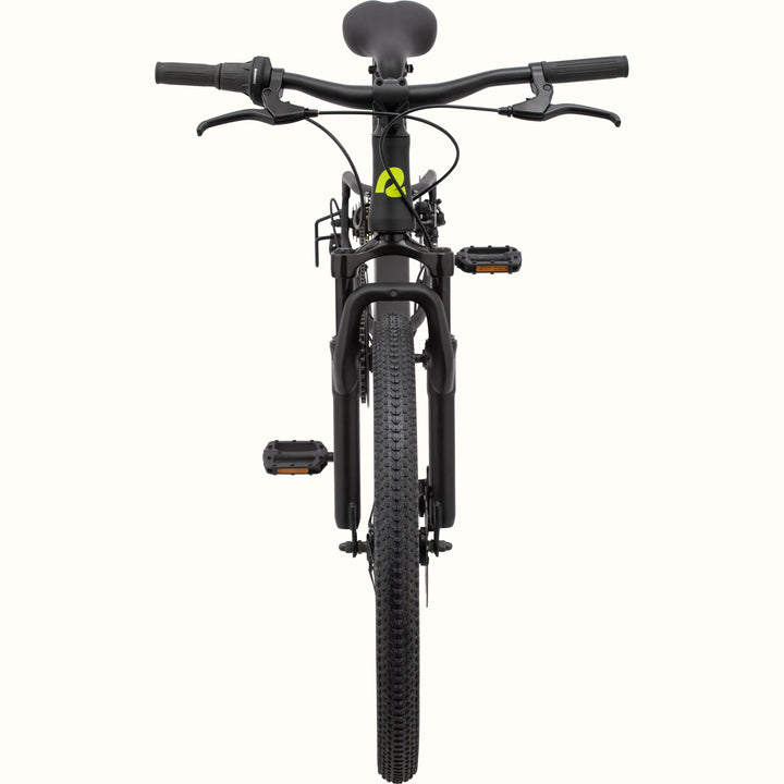 Front view of the Dart Plus 24" Kids' Bike in Matte Black Mamba color with neon green branded "R" logo on the stem and a thick front tire isolated on a white background.