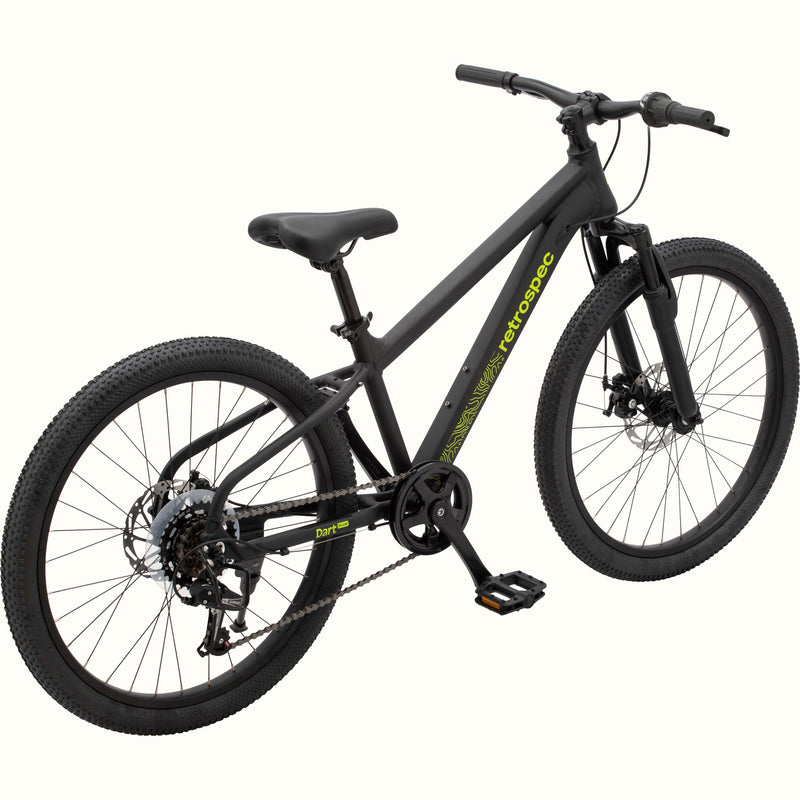 Dart Plus 24" Kids' Bike in Matte Black Mamba color with neon green branded "retrospec" and "Dart Plus" logos on the frame and thick tires isolated on a white background.